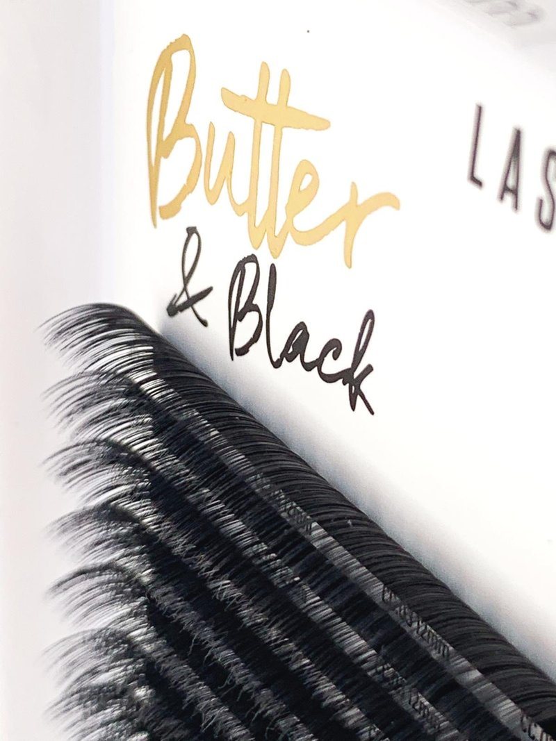 Close up of Lash Line's Butter and Black eyelash extensions